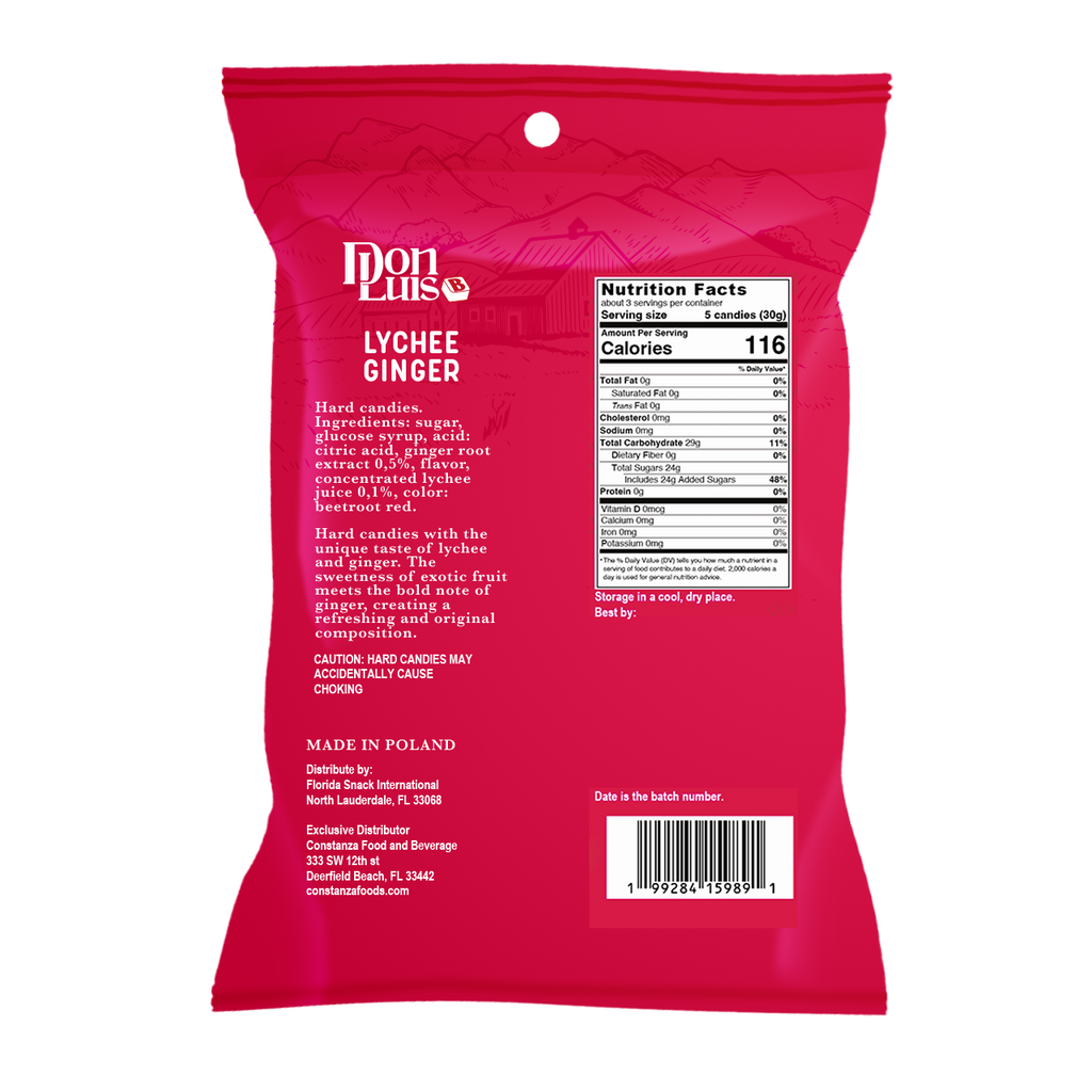 Don Luis Ginger Lychee Hard Candy 100g 3.5 oz (3 Bags Pack)