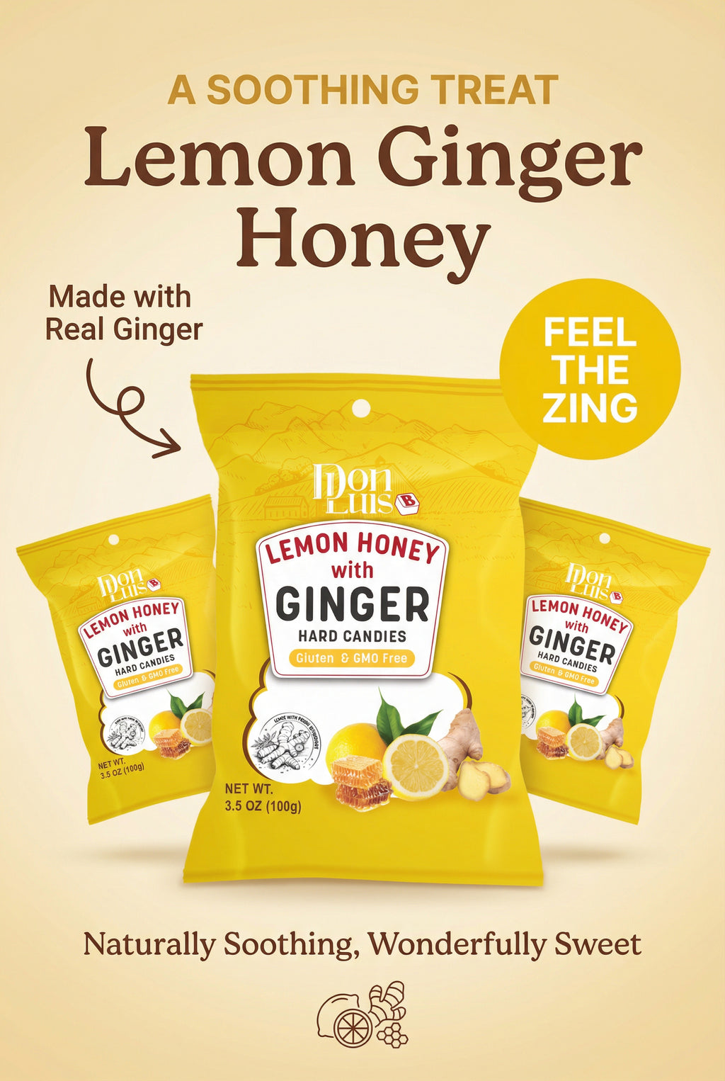 Don Luis Ginger Lemon Honey hard candy 100g 3.5 oz 3 packs
